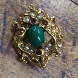 Small Green Cabochon "ART" Goldtone Brooch